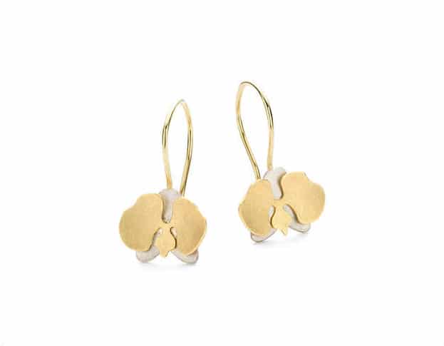 Earrings yellow gold and white gold Orchids, from our 'In bloom' series.  Oogst goldsmith Amsterdam