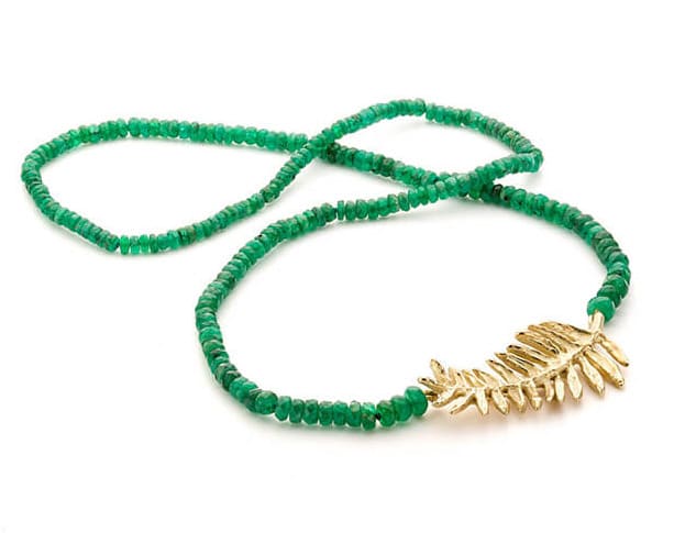 Necklace yellow gold Cycad element and gorgeous emerald. Design from our Botanical garden collection. Oogst goldsmith in Amsterdam.
