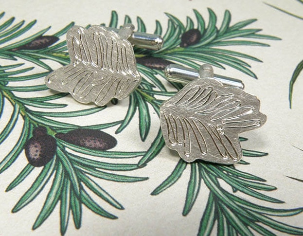 Silver cufflinks with hand engraving Taxus. Botanical Garden collection. Design by goldsmith Oogst in  Amsterdam