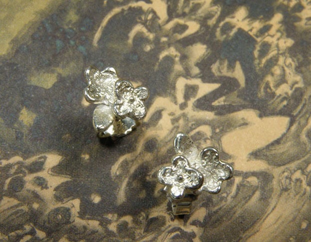 Silver Forget-me-not ear studs. Design by Oogst goldsmith in Amsterdam. Independent jewellery designer.