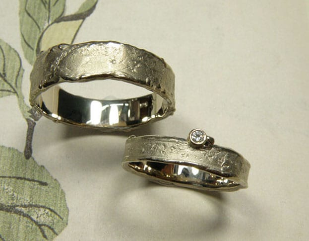Handmade wedding rings Erosion. white golden ring with diamond. Oogst goldsmith Amsterdam