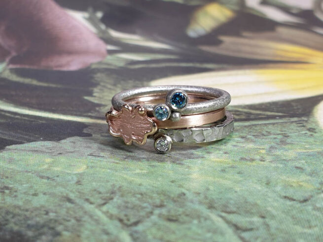 Rings Berries Oak Swell.  Rose gold Leaf ring. White gold diamond ring. Stack rings. Oogst goldsmith Amsterdam