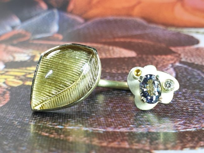 Geelgouden 'Wolken' ring met citrien, spinel en diamant. Ontwerp uit de amorf vs kristallijn collectie van Oogst goudsmid in Amsterdam