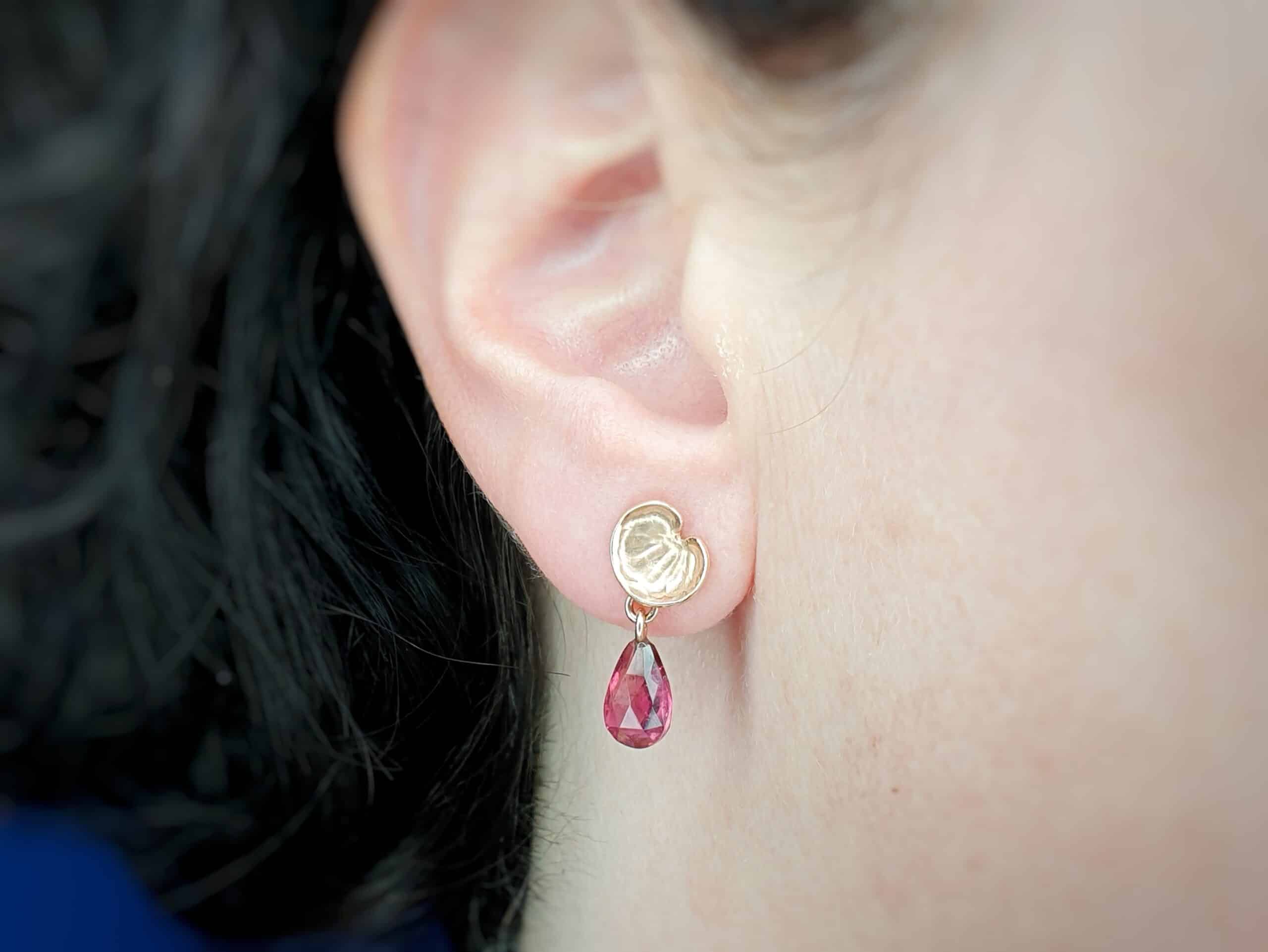 Rosé gold earrings Fungus with rubelite drops. Design by Oogst jewellery