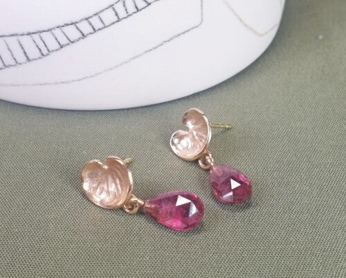 Rosé gold earrings Fungus with rubelite drops. Design by Oogst jewellery