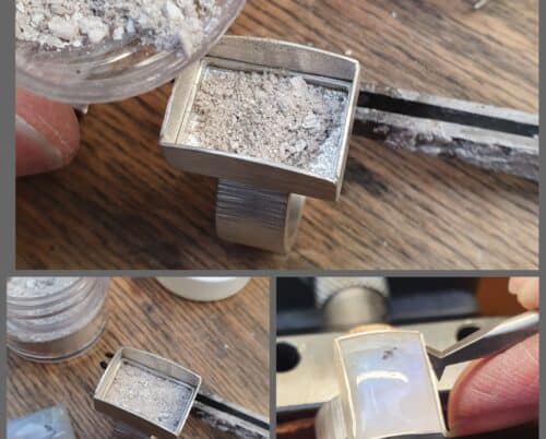 Gedenksieraad. Zilveren ring met maansteen, waaronder wat as wordt bewaard. Maatwerk uit het Oogst atelier in Amsterdam. Maakproces.