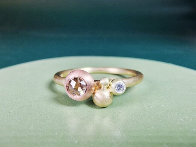Geelgouden Verzameling ring met bessen en bruine diamant in een Boleet zetting. Ontwerp van Oogst Sieraden in Amsterdam