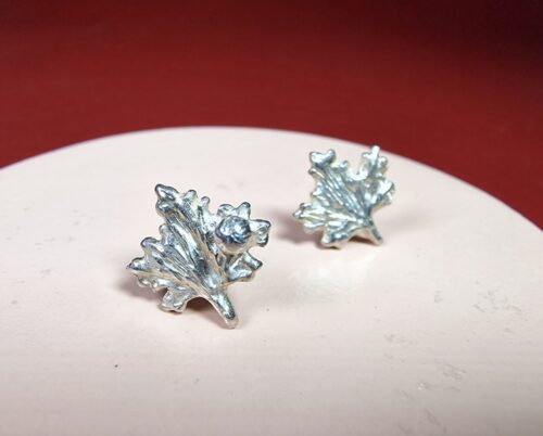 Silver Sycamore leaves ear studs from our 'Botanical garden' series. Oogst jewellery design & creation in Amsterdam