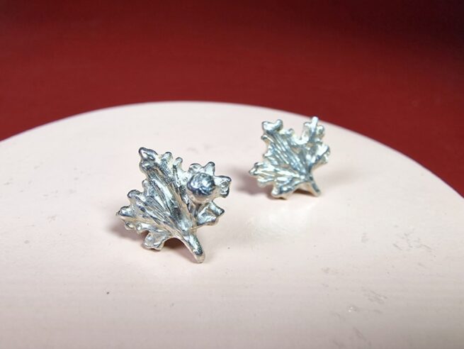 Silver Sycamore leaves ear studs from our 'Botanical garden' series. Oogst jewellery design & creation in Amsterdam