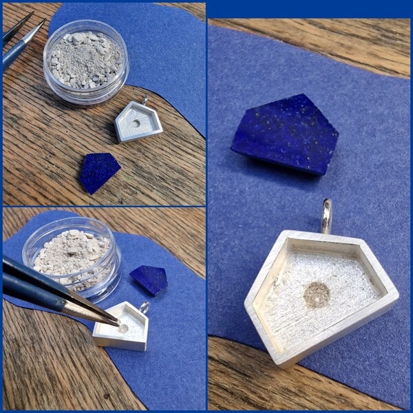 Assieraad zilveren huisje hanger met lapis lazuli. Ontwerp door Oogst Goudsmeden.