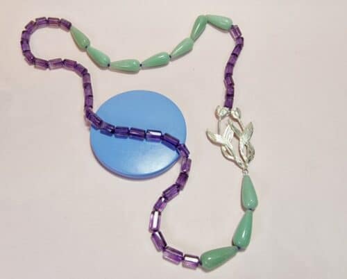 Tulip necklace. Silver flower jewel with amethyst and aventurine. Long gemstone necklace. From the in bloom series. Birth flower of April. Created by Oogst in Amsterdam