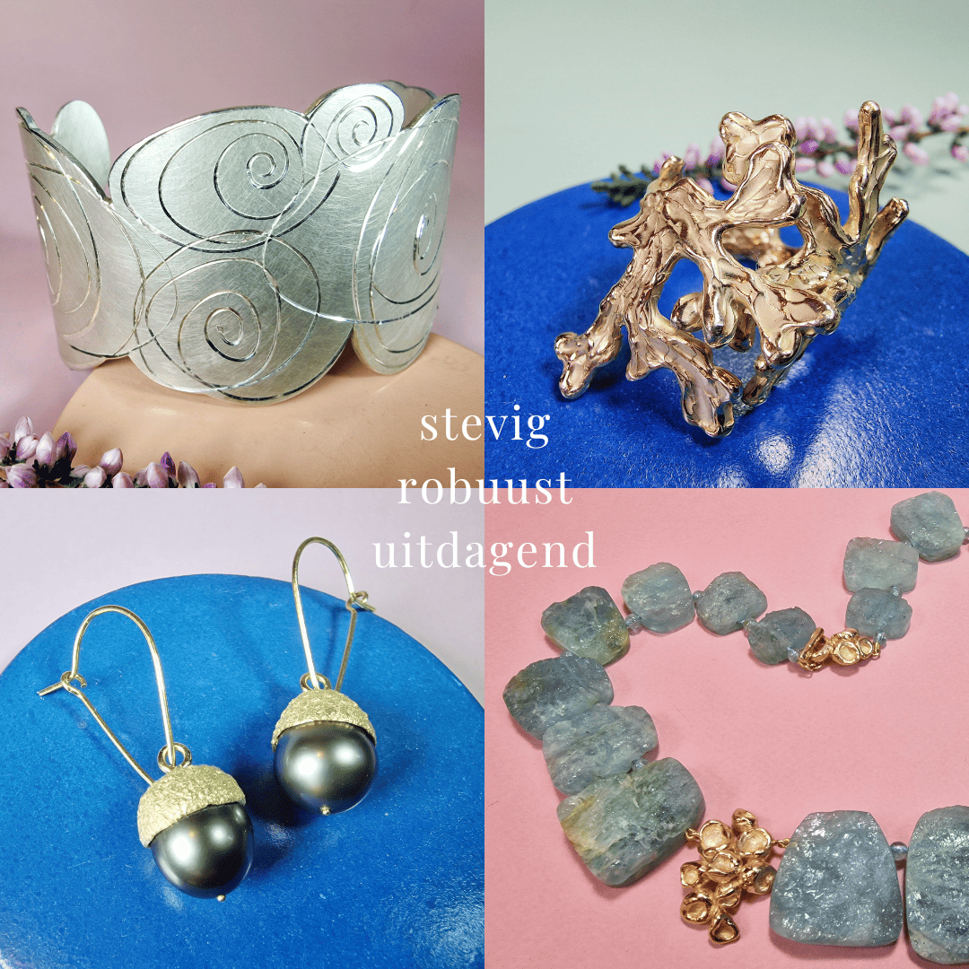 4 voorbeelden van robuuste sieraden uit de Oogst collectie. Gift Guide van Oogst statement sieraden.