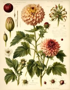Dahlia, maandbloem van augustus. Botanische tekening. Blog over geboortebloemen sieraden. Oogst Goudsmeden in Amsterdam.