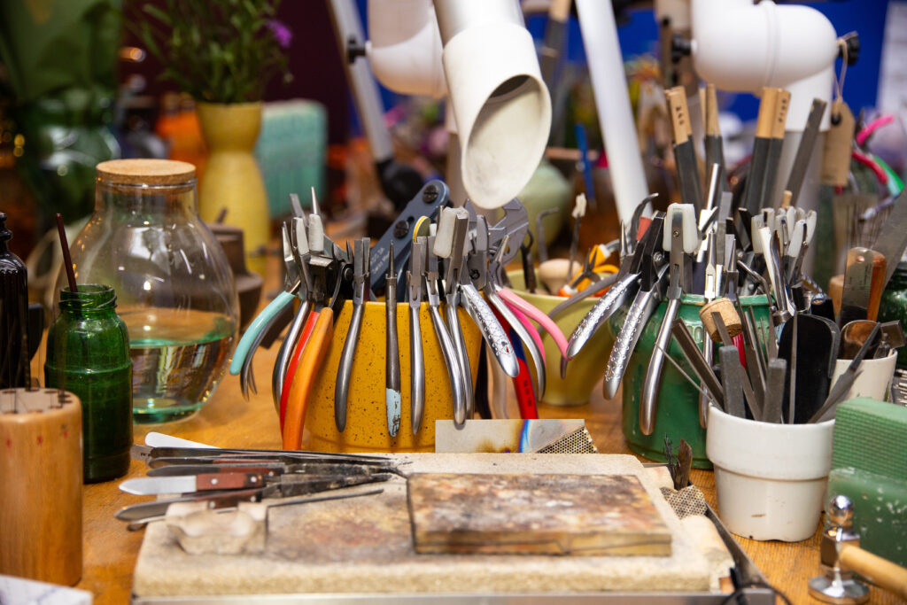 A collection of goldsmithing tools in the Oogst studio.